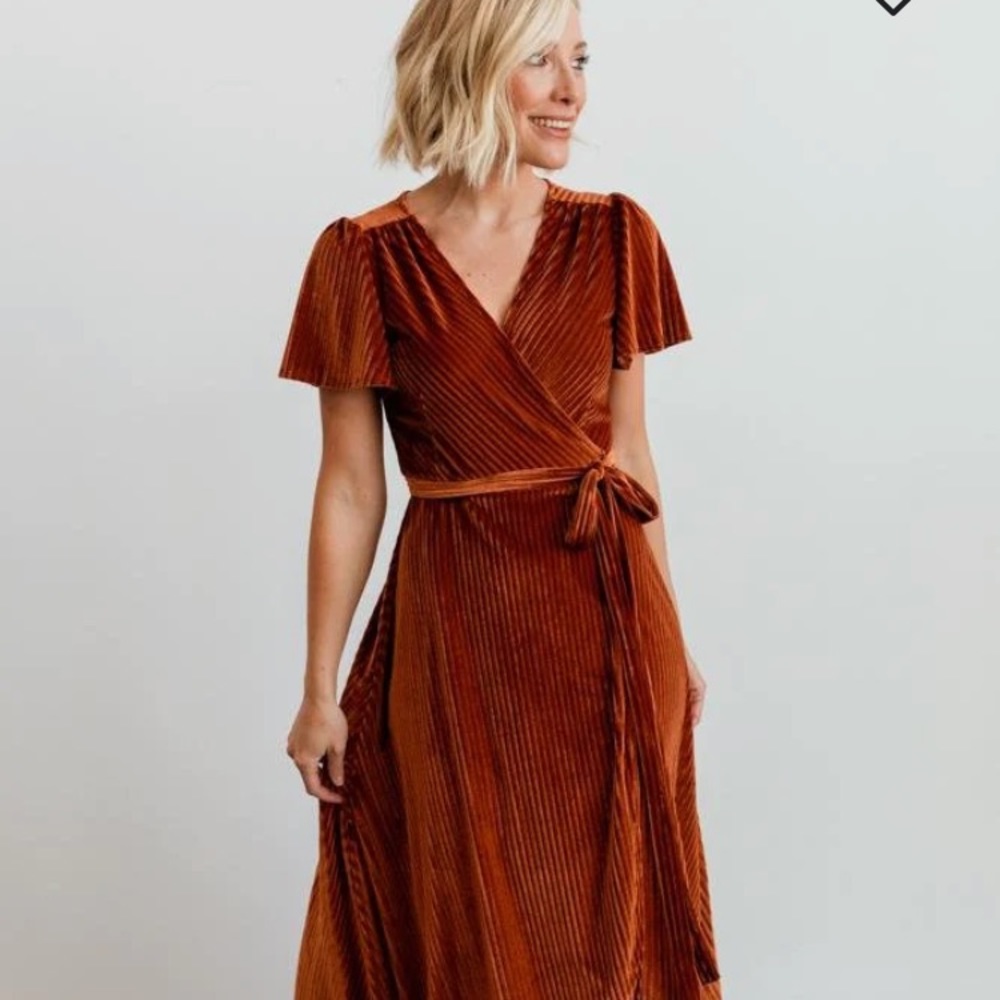 Baltic Born Andi Ribbed Velvet Wrap Dress in Copper